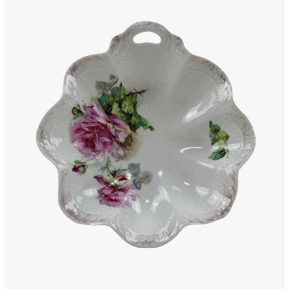 Antique K Steinmann German Porcelain Floral Dish Pink Roses Scalloped Edges